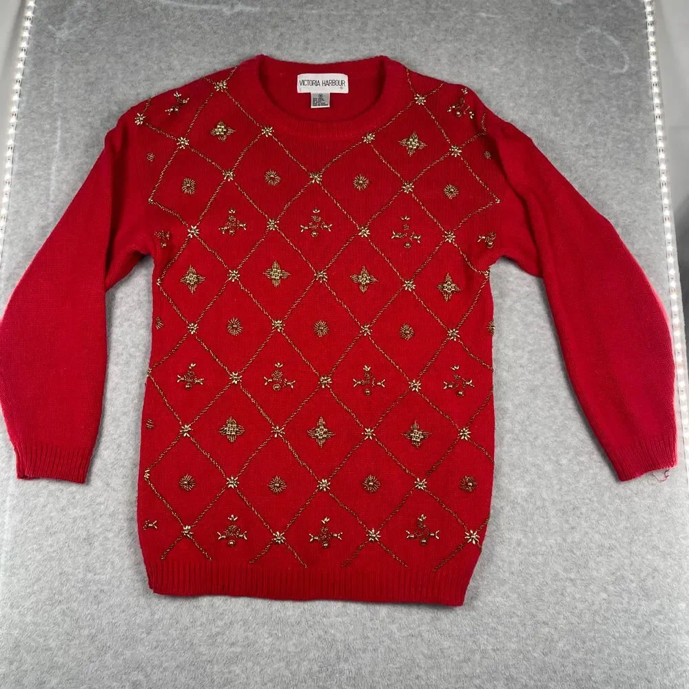 Victoria Harbour Vintage Ramie Cotton Holiday Sweater, red & gold, beaded,‎ 80s